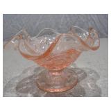 Vintage Pink Depression Glass Ruffled Pedestal Bowl - Etched Floral Pattern