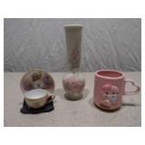 3-Piece Decorative Porcelain Set - Floral Bud Vase, Heart-Handle Mug & Miniature Tea Set