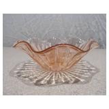 Set of 2 Pink Depression Glass Pieces - Ruffled Candle Holder & Ribbed Serving Bowl