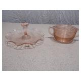 Vintage Pink Depression Glass Set - Ruffled Tidbit Tray & Ribbed Sugar Bowl
