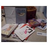 Large Lot of Assorted Greeting Cards and Gift Bags with Woven Basket