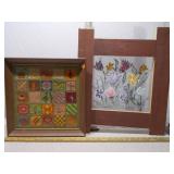 Lot of 2 Vintage Textile Art Pieces - Needlepoint Sampler & Floral Screen Art