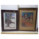 Lot of 2 Vintage Framed Prints - Beagle Puppies & Winter Birch Landscape