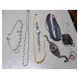 Vintage Jewelry Lot - Cameo Bracelet, Faux Pearls, & Silver-Tone Watch