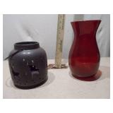 Ruby Red Glass Vase and Star-Patterned Metal Lantern Set