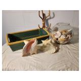 Vintage Rattan Tray & Coat Hook with Beachy Vibe Seashells