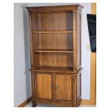 Two Piece Wooden Bookcase Cabinet with Open Shelving and Storage Base