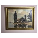 Framed Landscape Print with Water and Tree Scene in Gilt Frame