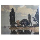 Framed Landscape Print with Water and Tree Scene in Gilt Frame