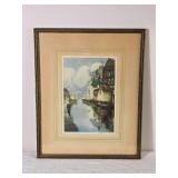 Framed European Canal Scene Print Signed Lower Right