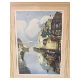 Framed European Canal Scene Print Signed Lower Right