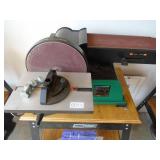 Masterforce 6 belt sander, 9 disc on stand. As shown.