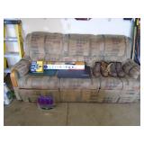 80 couch with recliners on both ends & all contents shown. Must take everything. will be paid $25.00 to bid As shown.