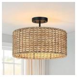 TRUE FINE Seymour 16 in 3-Light Rattan Drum Semi-Flush Mount Ceiling Light