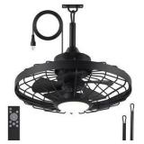 20 in. Outdoor Black Waterproof Caged Ceiling Fan Rope Hook Portable Hanging Ceiling Fan with Light and Remote