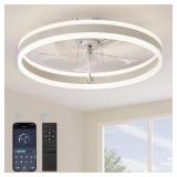 HINNIXY 20 in. Smart Indoor Matte White Flush Mount Color Changing LED Ceiling Fan with Light Kit and Remote and App Control