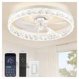 HINNIXY 20 in. Smart Indoor Fresh White Crystal Flush Mount Color Changing LED Ceiling Fan with Light Kit and Remote App Control