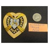 VTG Avon Elizabeth Taylor Gold-Tone Rhinestone Brooch with Blue Cabochon Center, Faux Pearls & Black Enamel