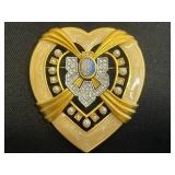 VTG Avon Elizabeth Taylor Gold-Tone Rhinestone Brooch with Blue Cabochon Center, Faux Pearls & Black Enamel
