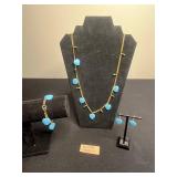 VTG Miriam Haskell Turquoise Gold Tone Heart Necklace w Matching Bracelet & Earrings