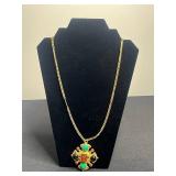 Direction One Gold-Tone Necklace With Florenza Green Jade Cabochons, Black Onyx & Carved Center Pendant