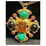 Direction One Gold-Tone Necklace With Florenza Green Jade Cabochons, Black Onyx & Carved Center Pendant