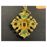 Direction One Gold-Tone Necklace With Florenza Green Jade Cabochons, Black Onyx & Carved Center Pendant