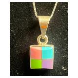 925 Sterling Silver Multicolor Enamel Cube Pendant Necklace Set with Matching Earrings