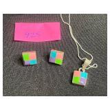 925 Sterling Silver Multicolor Enamel Cube Pendant Necklace Set with Matching Earrings
