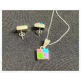 925 Sterling Silver Multicolor Enamel Cube Pendant Necklace Set with Matching Earrings