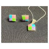 925 Sterling Silver Multicolor Enamel Cube Pendant Necklace Set with Matching Earrings