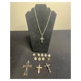 Cross Pendant Necklace with Religious Medal Charms - Silver Tone Jewelry