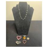 Silver-Tone Jewelry Heart Set: w Red Rhinestone Brooch, Amber Tiger