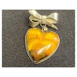 Silver-Tone Jewelry Heart Set: w Red Rhinestone Brooch, Amber Tiger