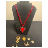 Assorted Heart Jewelry Set w Heart Pendant Necklace, Cuff Links, Betty Crocker Pin, Victoria Secret Red Heart Brooch, Cat Pin on Roller Skates