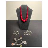 Vintage Silver-Tone Charm Bracelet Jewelry Set w Red Bead Necklace - Inc Mary & Her Little Lambs Bracelet