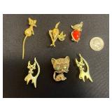 Gold-Tone Cat Pin Set with Rhinestones and Moveable Tail - Vintage Costume Jewelry
