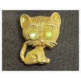 Gold-Tone Cat Pin Set with Rhinestones and Moveable Tail - Vintage Costume Jewelry