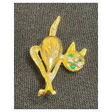 Gold-Tone Cat Pin Set with Rhinestones and Moveable Tail - Vintage Costume Jewelry