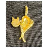 Gold-Tone Cat Pin Set with Rhinestones and Moveable Tail - Vintage Costume Jewelry