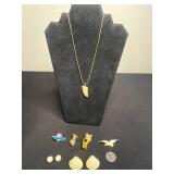 VTG Gold-Tone Chain Necklace with Ivory Like Tooth Pendant & Assorted Enamel Pins & Shell Earrings