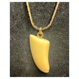 VTG Gold-Tone Chain Necklace with Ivory Like Tooth Pendant & Assorted Enamel Pins & Shell Earrings