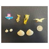 VTG Gold-Tone Chain Necklace with Ivory Like Tooth Pendant & Assorted Enamel Pins & Shell Earrings