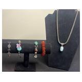 925 Turquoise Pendant on Heavy Silver Tone Necklace. w Amethyst Charm, Coral Bead Bracelet & More!