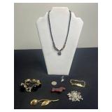 VTG Givenchy Rose Pin, Necklace w Gold-Tone Abalone Shell Pendant w Black Cube Bead Chain, Black Stone Bracelet, Plaid Scottie Dog Pin & More!