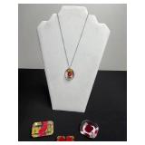 Sterling Silver Clasp on Resin Rose Cameo Necklace w Matching Pin & Earrings