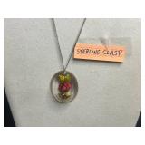 Sterling Silver Clasp on Resin Rose Cameo Necklace w Matching Pin & Earrings