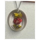 Sterling Silver Clasp on Resin Rose Cameo Necklace w Matching Pin & Earrings