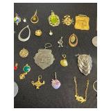 Huge Lot of Assorted Vintage Gold-Tone Jewelry: Pendants, Charms & Green Gem Pendant