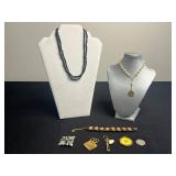 VTG Jewelry Lot: Gold Tone 1776 Bicentennial $20 Coin Pendant, Black Onyx Bead Necklace, Faux Pearl Gold-Tone Chain w Pray For Us Pendant, Stretch Bracelet w/ Madonna Cameo & Floral Tiles, Umbrella Pi